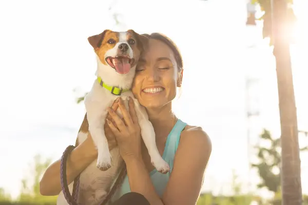 Happy Girl Owner Closed Eyes Holds Her Pet Dog Breed — Stock Photo, Image