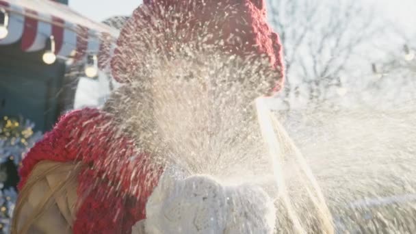 Leende Lycklig Kvinna Porträtt Blåser Snö Från Händer Till Kamera — Stockvideo