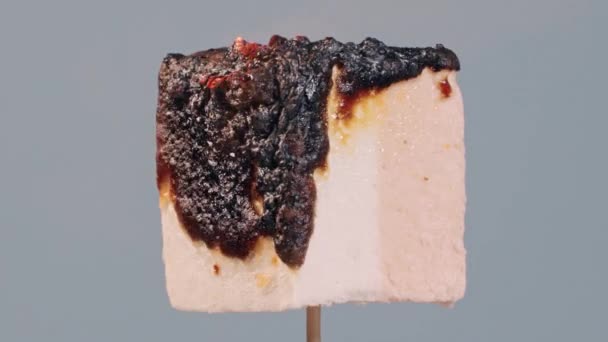 Zapálená Čtvercová Zmrzlina Tyči Bílými Béžovými Pruhy Izolovaná Šedém Pozadí — Stock video