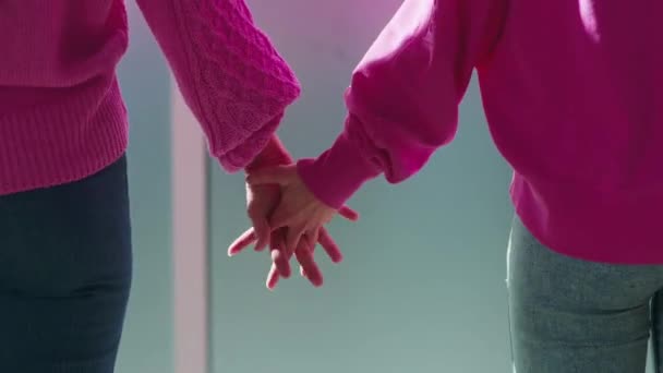 二人のレズビアンが手を組んで抱き合って互いを支え合う ピンクのスウェットシャツのガールフレンド間の相互関係 可愛い女の子は一緒にいるのが大好きです 一緒に良いと悪い — ストック動画