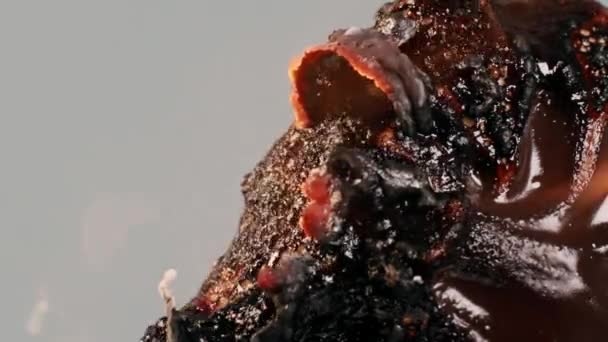 一个点燃的巧克力甜点在火焰中燃烧融化 在烟雾中冒出气泡和沸腾 在灰色的背景下被隔离 靠近点慢动作模式 高质量的4K镜头 — 图库视频影像