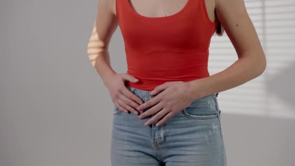 Close Shot Menstruation Periods Starting Female Suffering Stomachache Feeling Discomfort — Stock Video