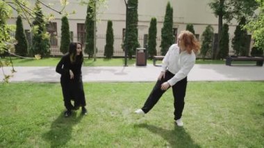 Bu canlı video, güneşli bir parkta iki kadının dans ettiği neşeli anları gösteriyor. Ardından bir çift gelip neşeli bir atmosfer yaratıyor.