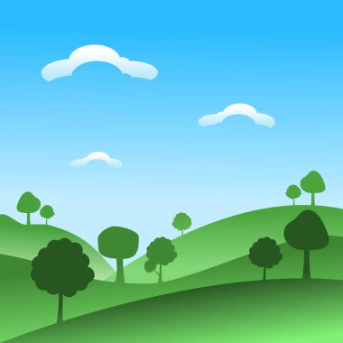 landscape with green yard and tree on blue sky background