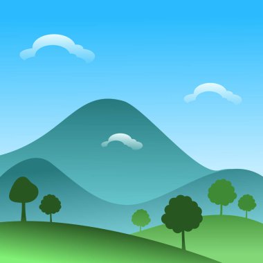 landscape with green yard and tree on blue sky background.