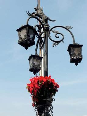 İşlenmiş demir sokak lambalarının kaplan heykelleri ve güzel kırmızı çiçeklerin sepetleri ile klasik tasarımı.