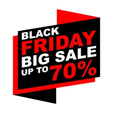 Kırmızı sınırlı bir kara Cuma tabelası. Tabelada% 70 'e varan büyük bir satış reklamı var. origami tarzı bayrak promosyonu