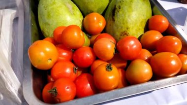 Metal bir sepette olgun mangolar ve domatesler organik meyveleri sağlıklı yiyeceklere yakın görüyorlar. Eğitim içeriği ve biyolojik çeşitlilik için taze gıda yakalama