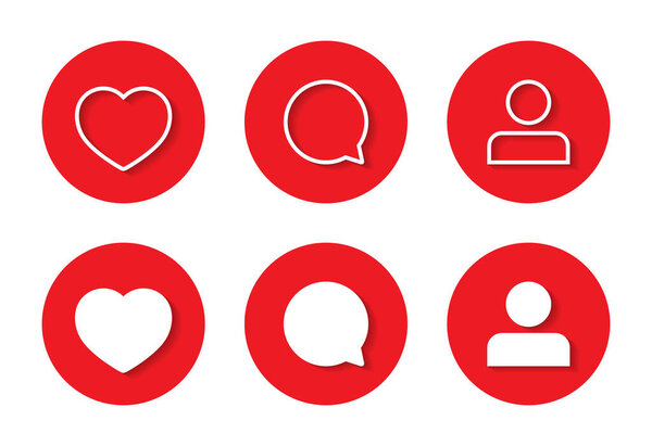 Like, comment, and profile icon vector in red circle. Love, speech bubble, and avatar sign symbol