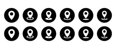 Harita pin konumu simgesi koleksiyonu siyah çemberde. Adres konum işareti sembolü