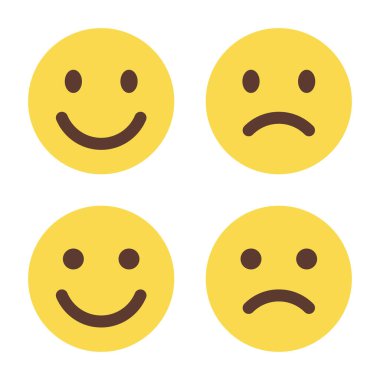Gülümse ve üzgün emoji ikonu düz stil olsun. Mutlu ve mutsuz yüz ifadesi.