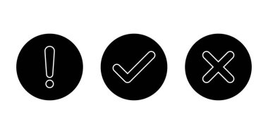 Siyah daire üzerinde ünlem işareti, kene ve çizgi simgesi. Uyarı, kontrol işareti ve x işareti sembolü