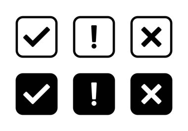 Siyah kare üzerinde işaretleme, ünlem işareti ve çapraz işaret simgesi