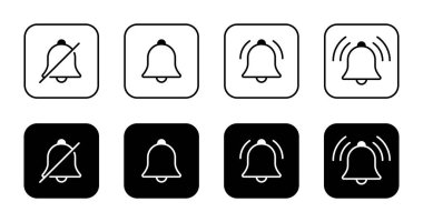 Siyah karede sessiz çan ve uyarı simgesi koleksiyonu. Yeni uyarı ana çizgi işareti sembolü