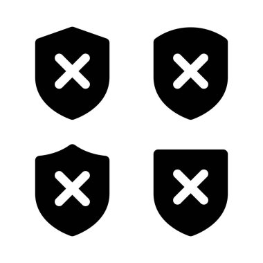 Shield with cross mark icon. Unsafe, no security sign symbol clipart