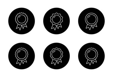 Ödül kurdele taslak simgesi koleksiyonu siyah çemberde. Madalya çizgisi işareti