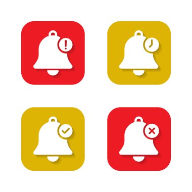 Ünlem işareti, zaman, işaretli çan ve uzun gölgeli çapraz iz simgesi. Kare arkaplanda uyarı simgesi