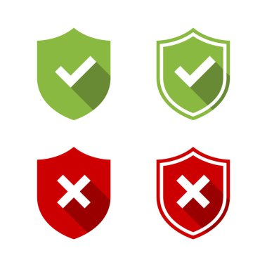 Kalkan kontrolü ve uzun gölgeli çapraz iz simgesi. Savunma, işaretli ve X işaretli koruma