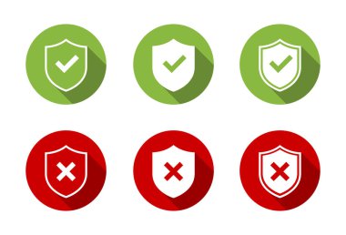 Kalkan koruma kontrolü ve uzun gölgeli çapraz iz simgesi. Güvenlik işareti işareti.