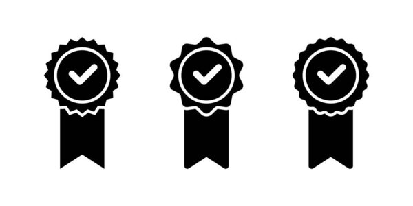 Medal ribbon with check mark icon. Rosette badge with checkmark sign symbol