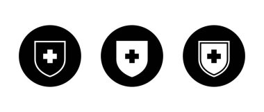 Sağlıklı tıbbi kalkan ikonu siyah çembere ayarlandı. Sağlık rozeti simgesi