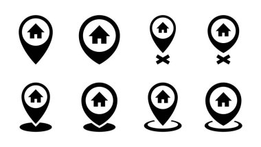 Ev konumu simgesi koleksiyonu. Harita işaretleyicisi ile ev, adres işareti sembolü
