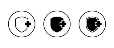Tıbbi rozet, sağlıklı kalkan ikonu daire çizgisi üzerinde. Koruma, sağlık koruma işareti sembolü