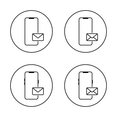 Çember çizgisi üzerinde zarf mesajı simgesi olan akıllı telefon. Cep telefonu ekranı simgesinde e- posta