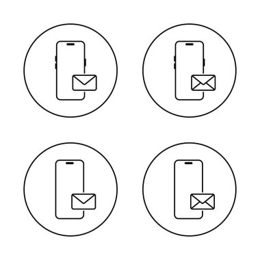 Akıllı telefon e- posta simgesi daire çizgisine ayarlandı. Zarf ileti işareti sembollü cep telefonu