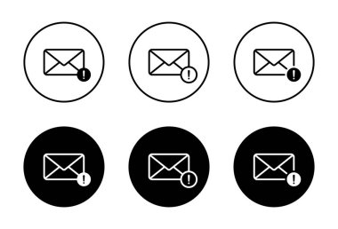 Siyah çemberde uyarı mesajı simgesi. Ünlem işareti sembollü bir e-posta zarfı