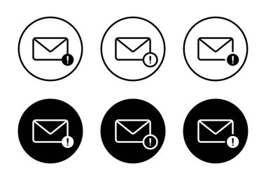 Siyah çember üzerindeki hata iletisi bildirim simgesi. Ünlem sembollü bir e-posta zarfı. Uyarı posta işareti