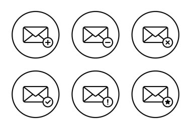 İleti simgesi dairesel hatlar içinde ayarlandı. Ekle, sil, sil, onayla, hata ve favori e- posta sembolü