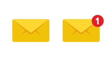Yeni mesaj bildirim simgesi. Okunmamış e-posta sembolü. Sarı zarf posta kavramı