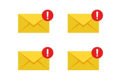 Kırmızı ünlem işaretli e- posta uyarı simgesi ayarlandı. Uyarı rozetli sarı zarf