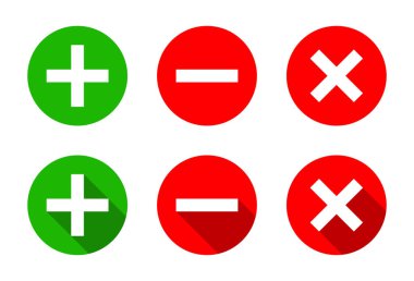 Simge ekle, kaldır ve sil. Pozitif, negatif ve yakın sembol. Artı, eksi ve uzun gölgeli çapraz işaret.