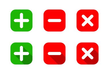 Kare olarak simge ekle, kaldır ve sil. Artı, eksi ve uzun gölgeli çapraz sembol