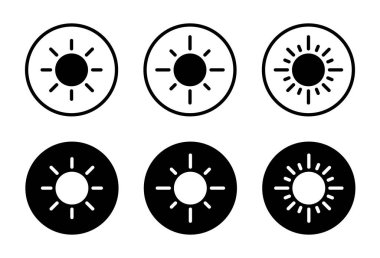 Güneş ikonu siyah daireye ayarlandı. Hava durumu sembolü. Güneş ışığı parlaklığı kavramı