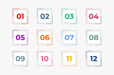 Bullet Points Numbers from One to Twelve