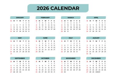 Beyaz Arkaplanda 2026 Temel Takvim