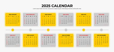 2025 Takvim Şablonu, sarı ve gri arka planda basit takvim şablonu tasarımı. Kullanımı kolay.