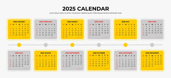 2025 Kalender Template Eenvoudige Kalender Sjabloon Ontwerp Geel Grijs Achtergrond — Stockvector