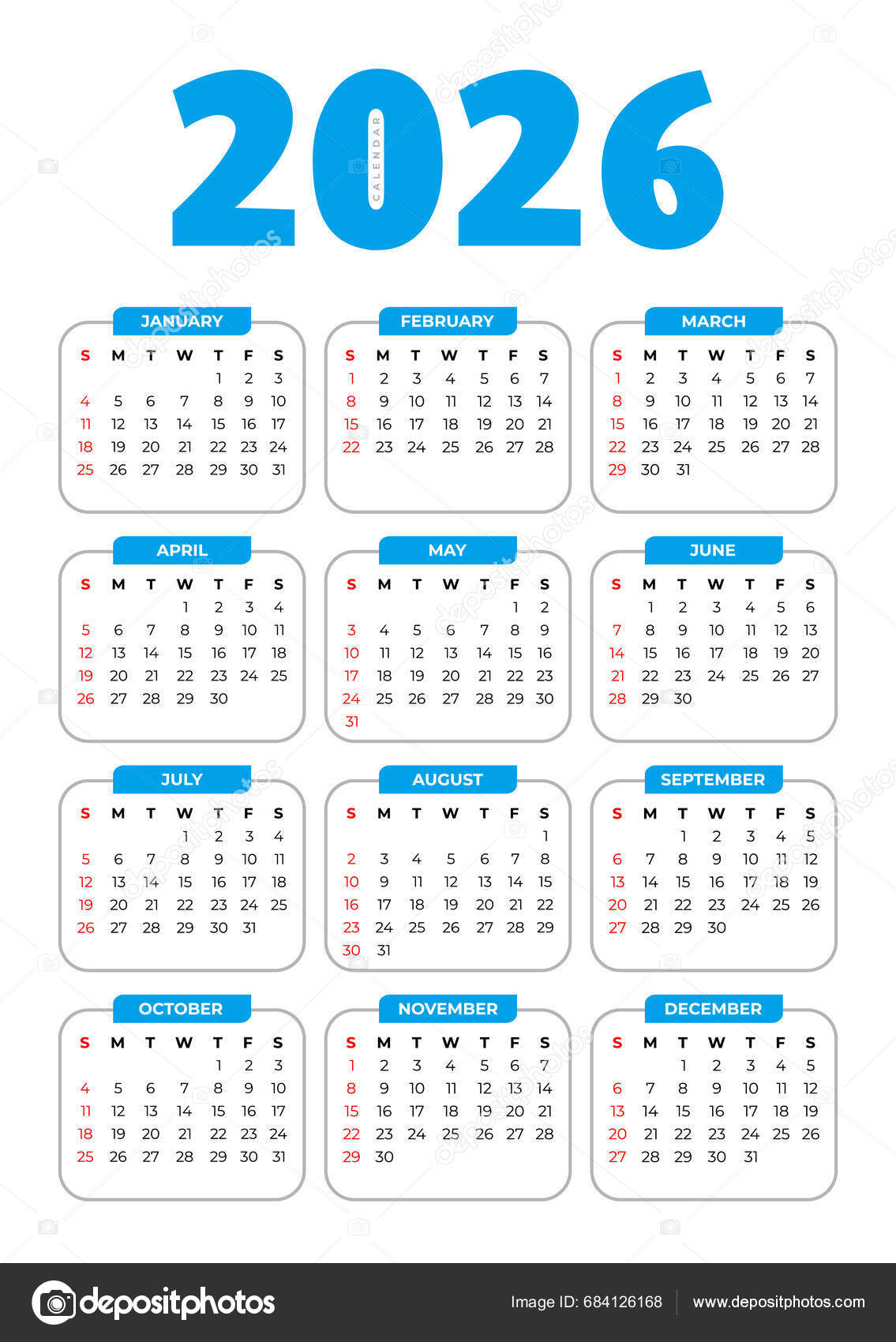 2026 Basic Calendar White Background Stock Vector by ©maulidiah 684126168