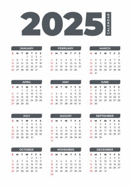 Beyaz Arkaplanda 2025 Temel Takvim