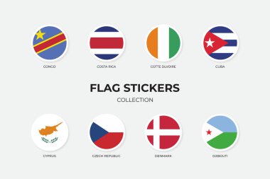 Kongo, Kosta Rika, Cotte Dlvoire, Küba, Kıbrıs, Çek Cumhuriyeti, Danimarka ve Cibuti 'nin Bayrak Etiketleri