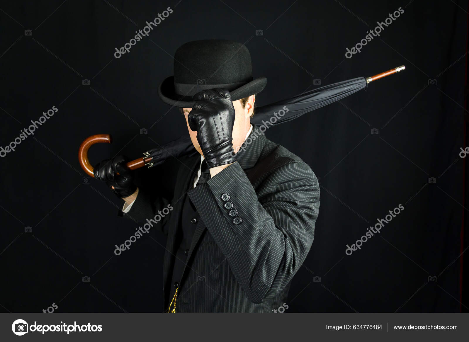 Gentleman Dark Suit Tipping Bowler Hat Black Background Concept Classic