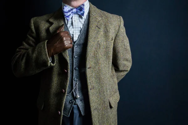 Portrait of Elegant English Gentleman in Tweed Suit Standing Proudly. Vintage Style and Retro Fashion of British Gentleman.