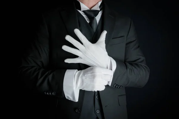Portrait of Butler in Dark Suit on Black Background Pulling on Clean White Gloves. Concept of Service Industry and Professional Hospitality.