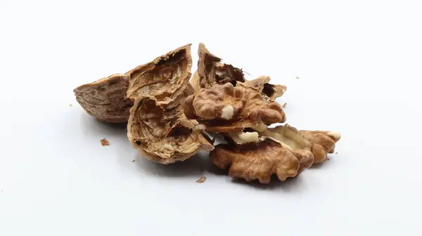 Walnut Grains Shell Which Broken Fragmented White Background Close — Stock Photo, Image