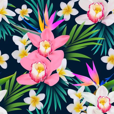 Seamless tropical pattern. Exotic summer flowers
