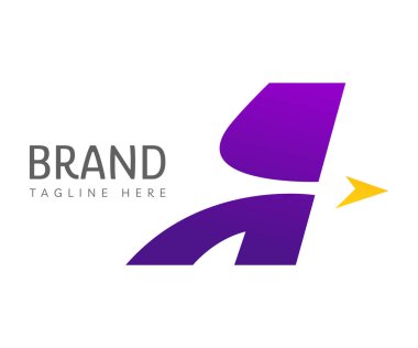 Letter A logo icon design template elements. Creative logo with purple initial letter A and yellow arrow icon. Usable for Branding, Business and Transportation Logos.